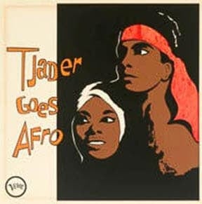 An album cover illustration featuring a man and a woman with 'Tjader Goes Afro' written in stylized text. The artwork emphasizes Afro-Cuban themes.