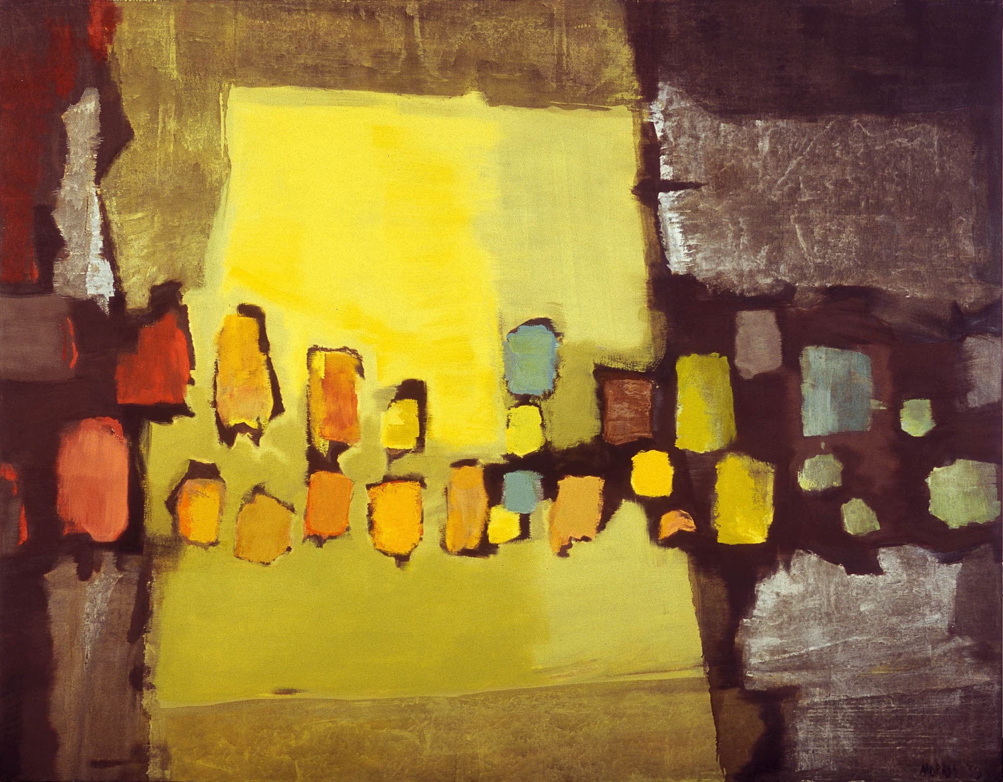 An abstract painting with a bright yellow center and surrounding shapes in various colors. The composition suggests a vibrant and dynamic scene.