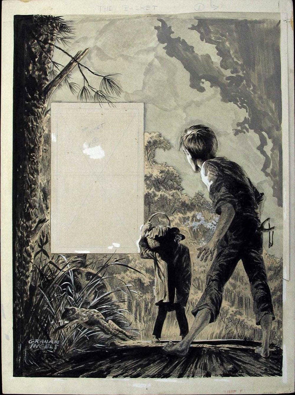 An illustration depicting two boys, one standing and the other bending down, in a forest. The scene has a vintage, storybook quality.