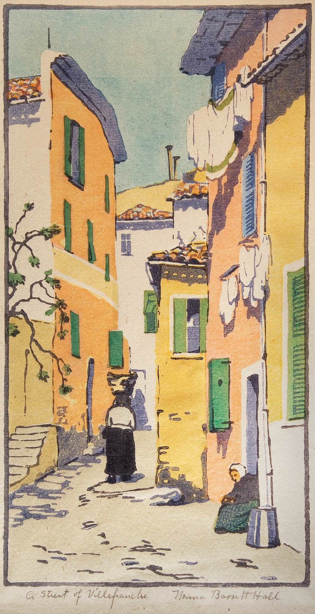 A watercolor painting of a narrow street in Villefranche with colorful buildings, green shutters, and a woman carrying a basket. The scene has a quaint, picturesque charm.