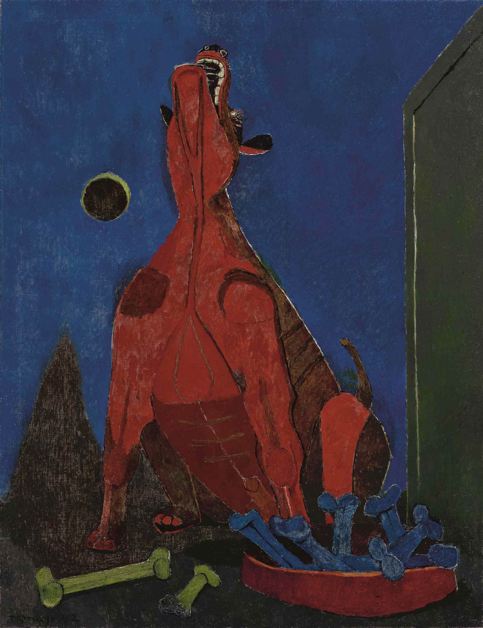 An abstract painting depicting a red creature, possibly a dog, howling at the moon against a dark blue background. Green and blue bones are scattered at its feet.