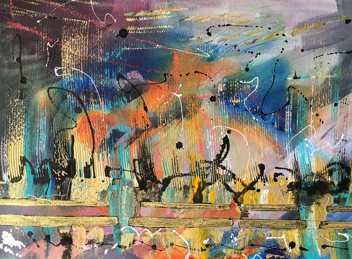 Abstract painting with vibrant splashes of color, including blues, oranges, and yellows, with black splatters and lines throughout.