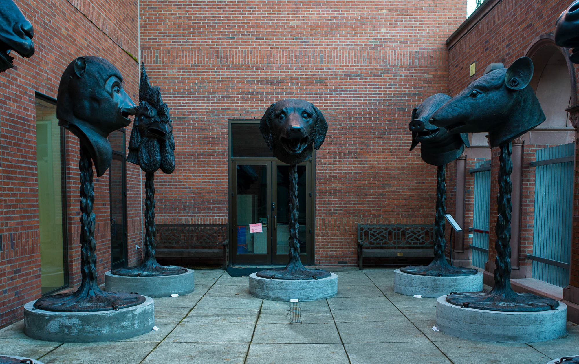 A courtyard installation featuring large bronze animal head sculptures on tall plinths, set against a brick building.
