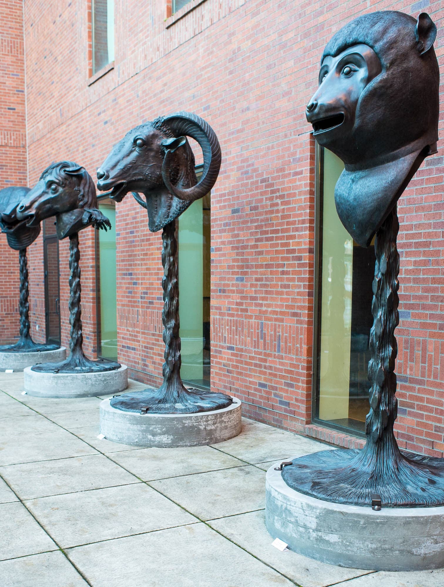 A courtyard installation featuring large bronze animal head sculptures on tall plinths, set against a brick building. This close-up view shows detailed features of the sculptures.