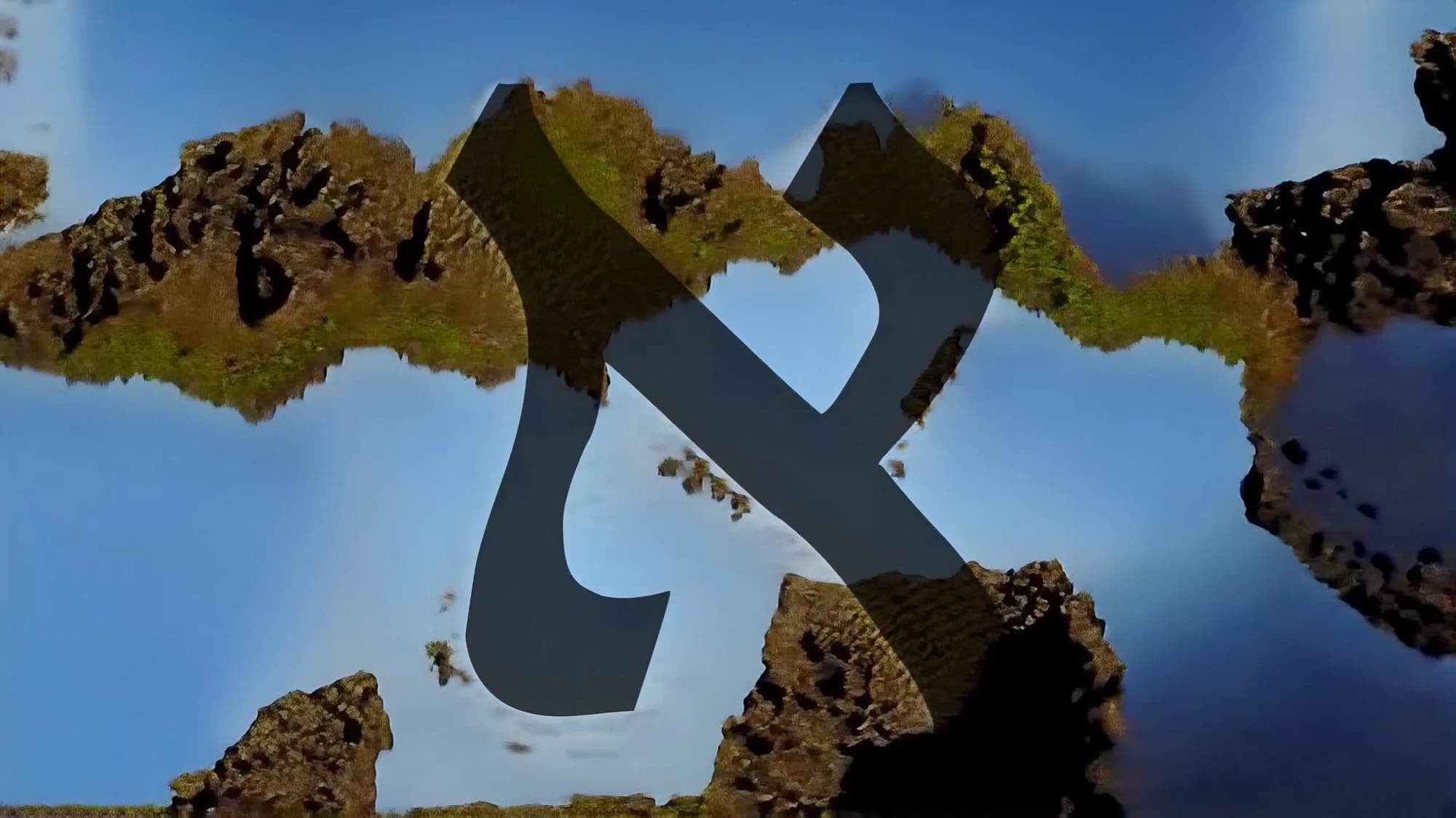 A digital artwork featuring a stylized Hebrew letter Aleph superimposed over a landscape of rocks and sky.