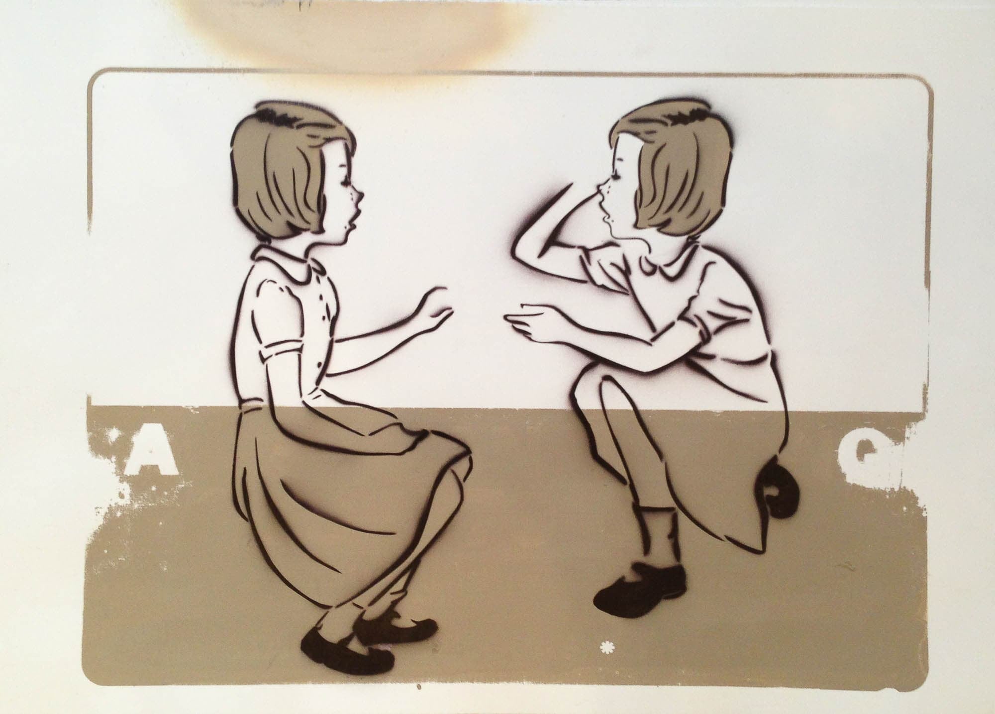 Stylized stencil artwork depicting two girls sitting across from each other, engaged in a conversation, set against a plain background.