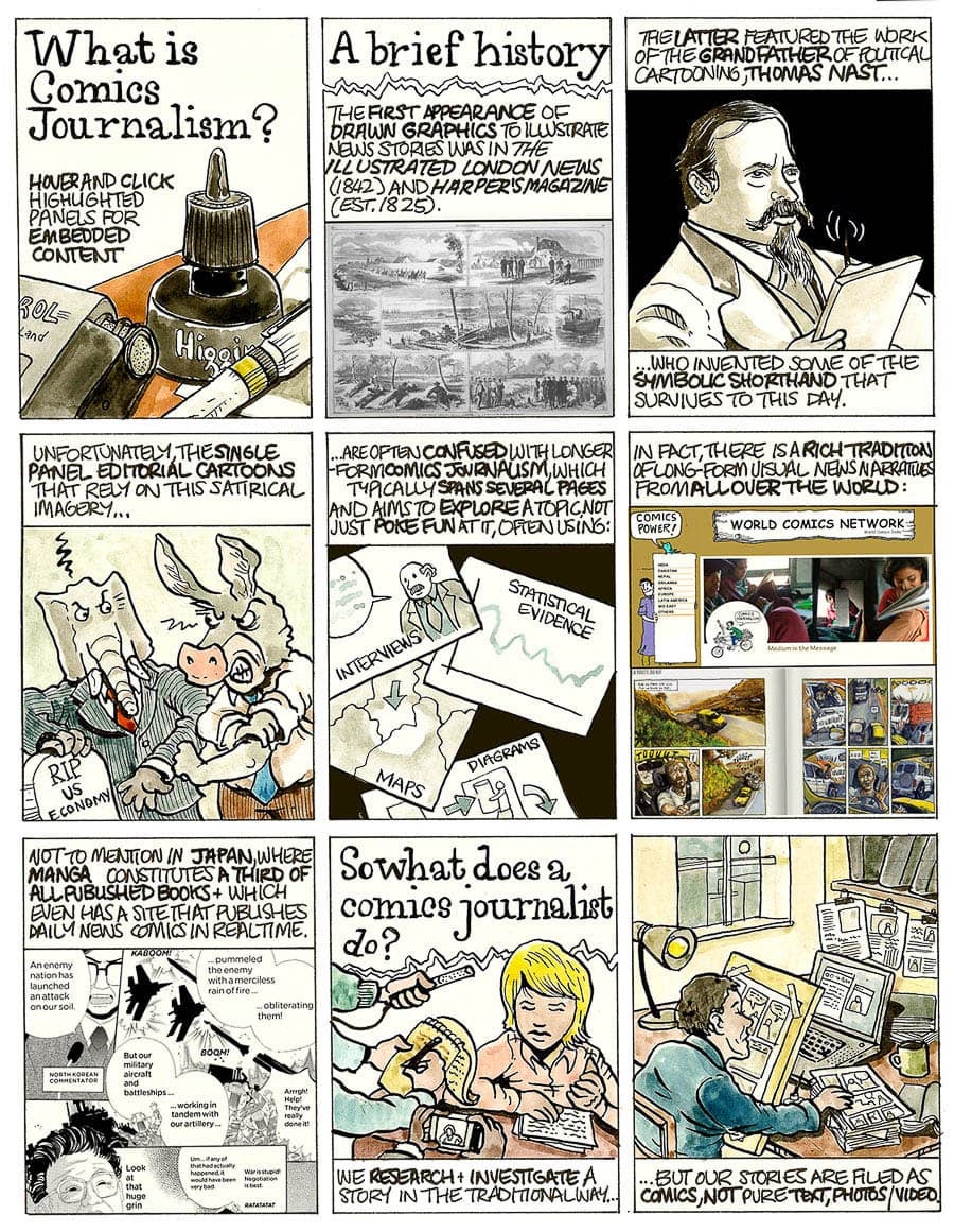 A detailed comic strip explaining the concept of comics journalism, with panels depicting various historical and contemporary examples.