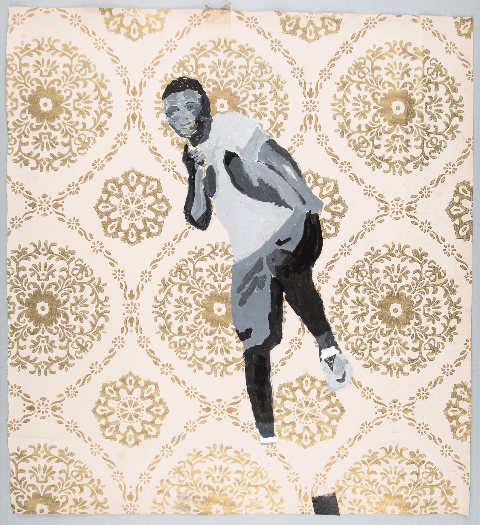 Painting of a man against a decorative patterned background, with the subject dressed in modern clothing and looking contemplative.