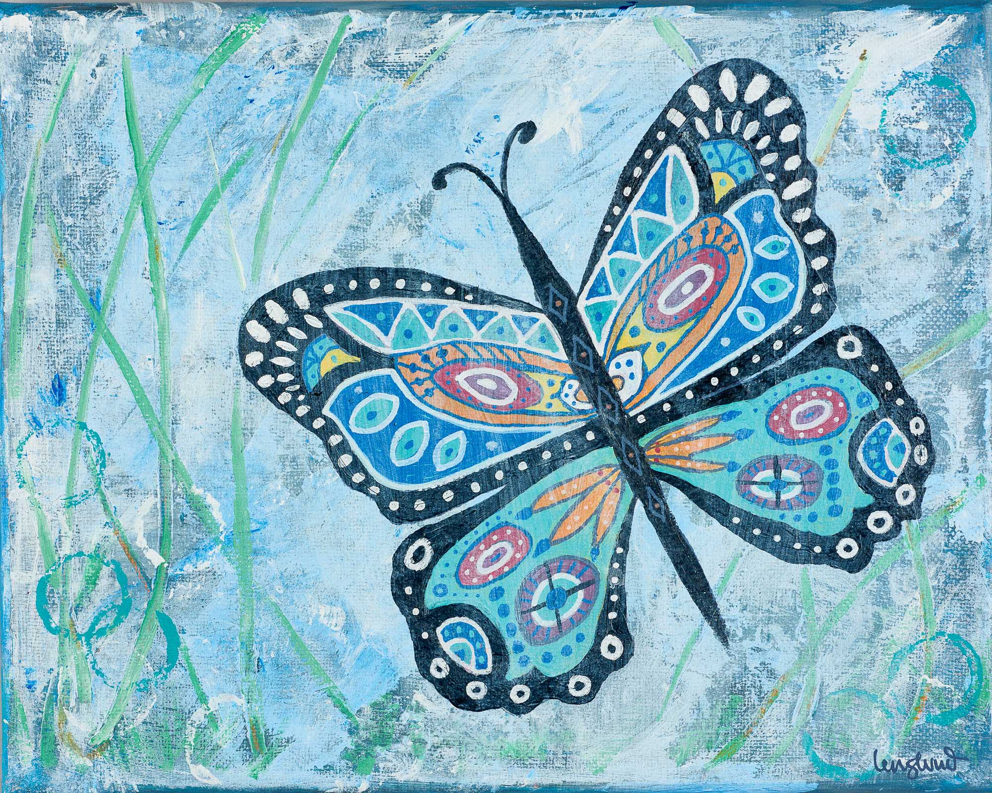 Vibrant painting of a large, colorful butterfly with intricate patterns on its wings, set against a textured blue and green background.