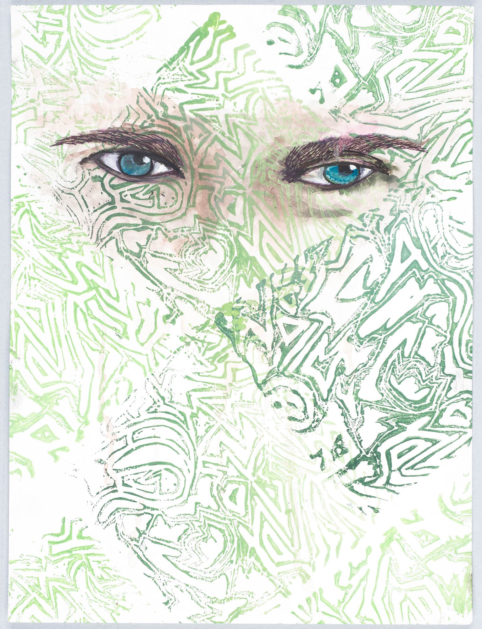 Artistic portrait of a face, with eyes being the focal point, surrounded by abstract green and white patterns.