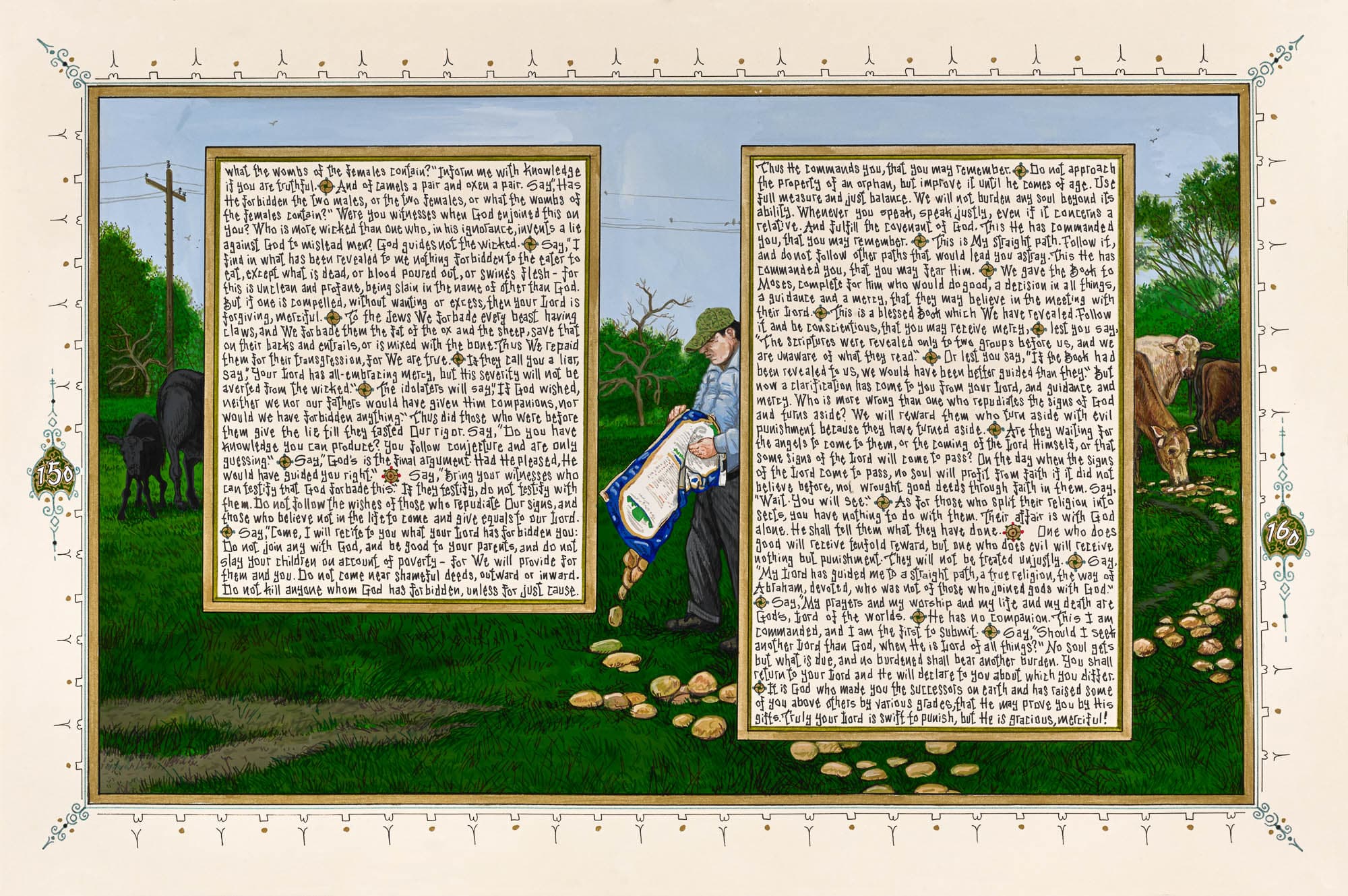 Illustration of a rural scene with text from the Quran in two panels. The left panel shows a man scattering feed to goats, and the right panel shows cows grazing in a field.