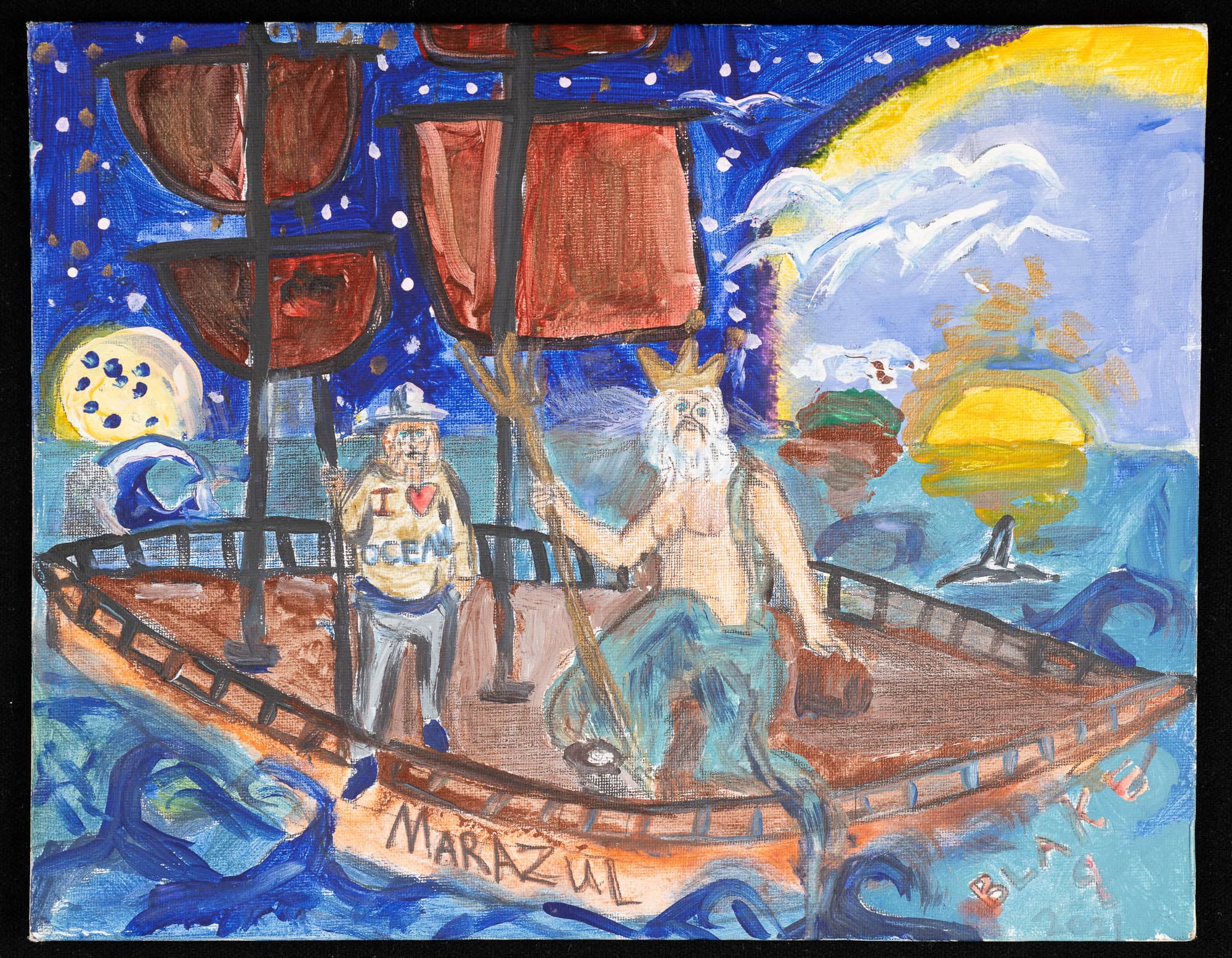 Painting of a boat named 'MAR AZUL' at sea with two figures aboard, one holding a trident and the other wearing a hat and shirt that says 'I ♥ OCEAN'. The background includes a moon, a whale, and a setting sun.