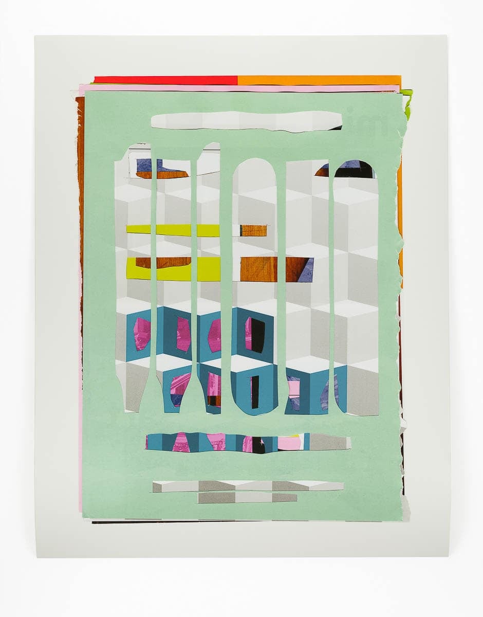 Abstract artwork featuring geometric shapes in various colors, with a dominant mint green background and cut-out patterns.