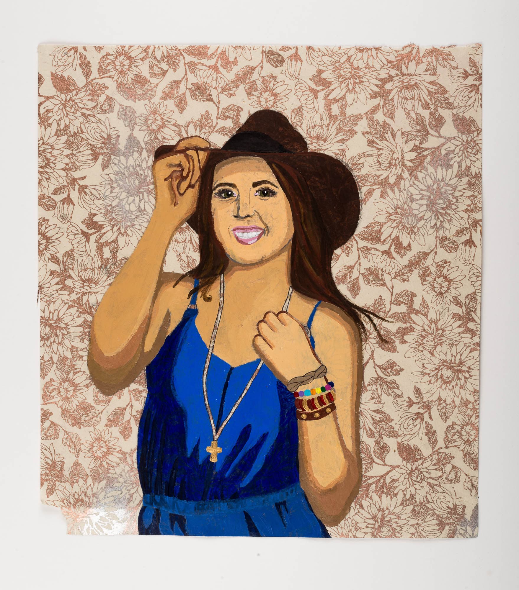 Painting of a smiling woman wearing a hat and a blue dress, set against a floral patterned background.
