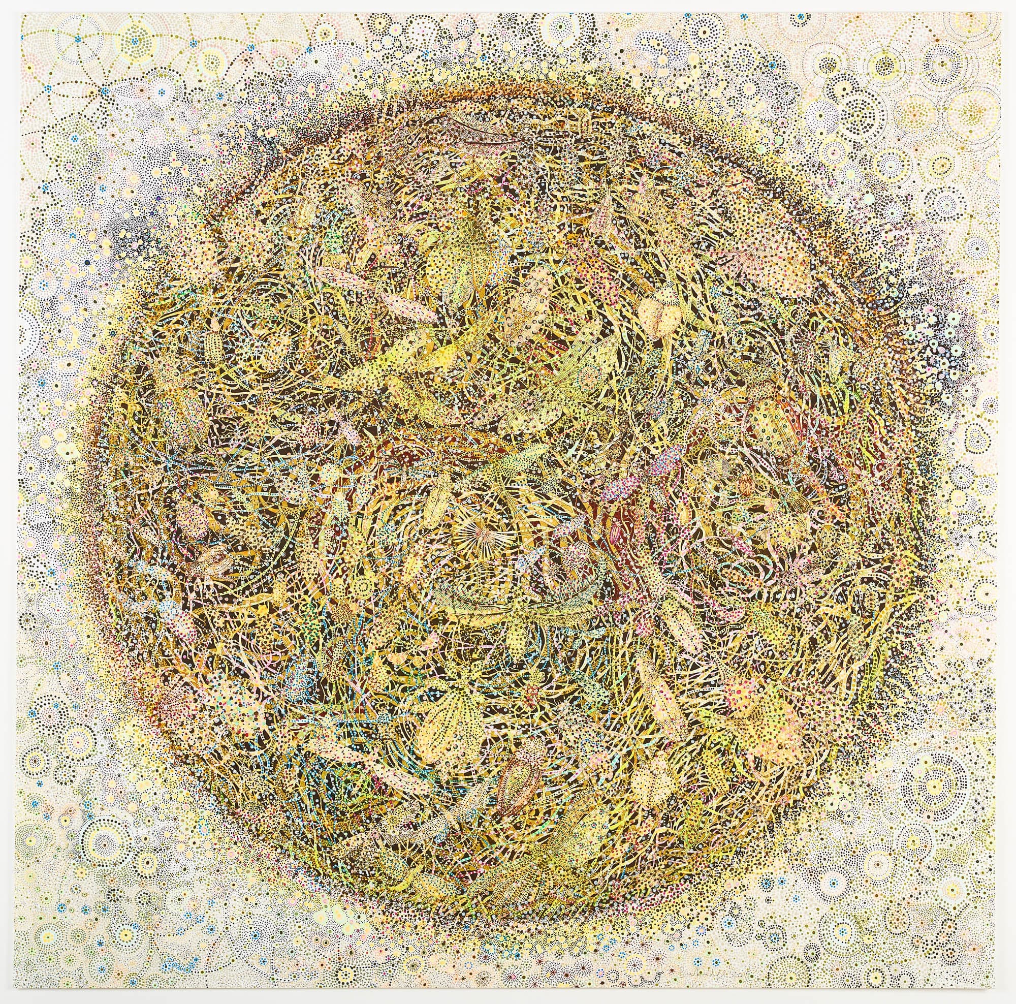 Intricate circular artwork filled with detailed patterns and colors, resembling a complex nest or hive.