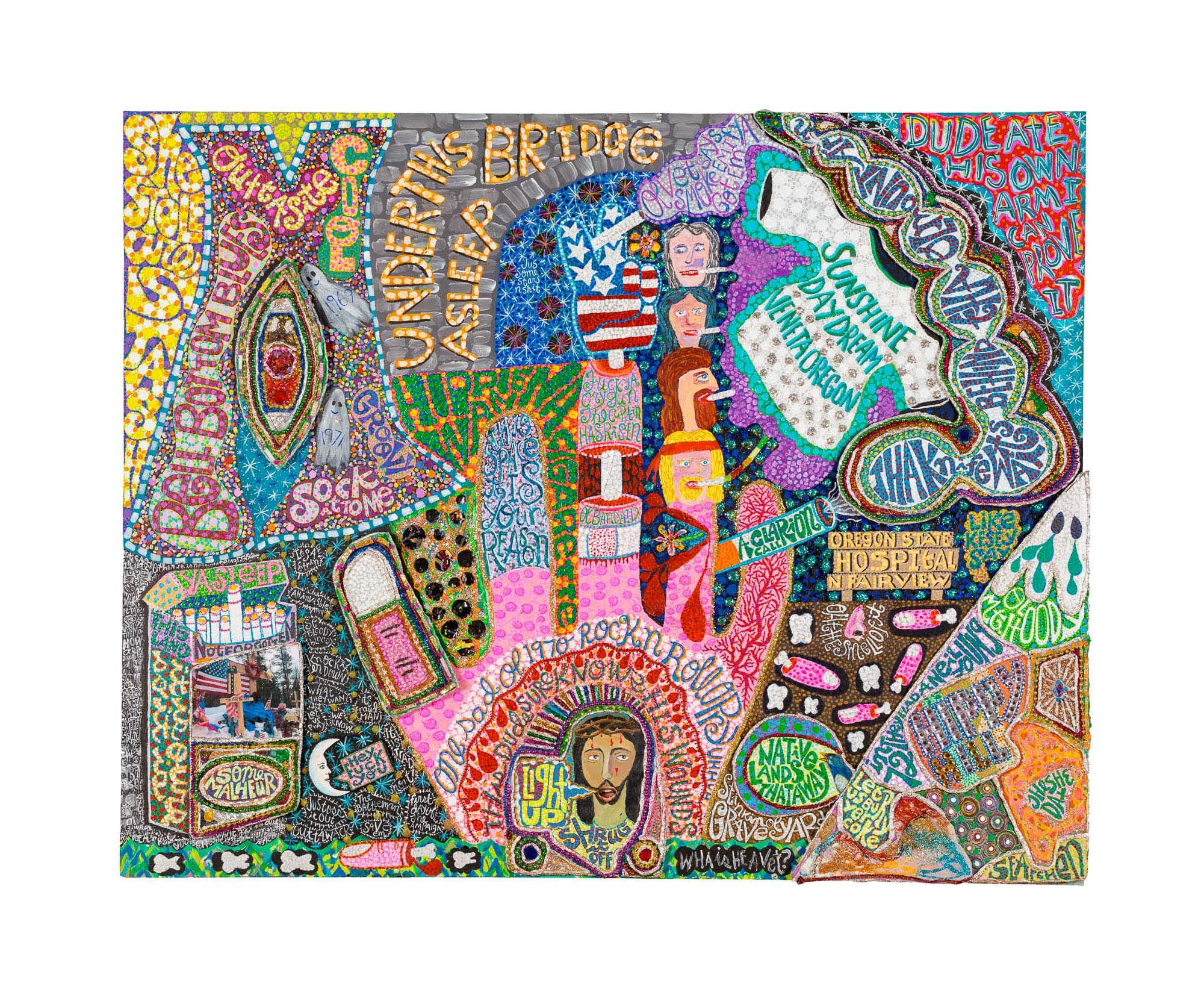 Colorful, highly detailed artwork with various phrases, objects, and patterns. Central text reads 'UNDER THIS BRIDGE ASLEEP.'