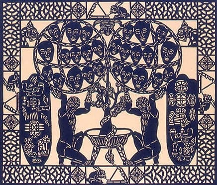 Black and white papercut artwork depicting two figures on either side of a central tree, surrounded by faces and intricate patterns.