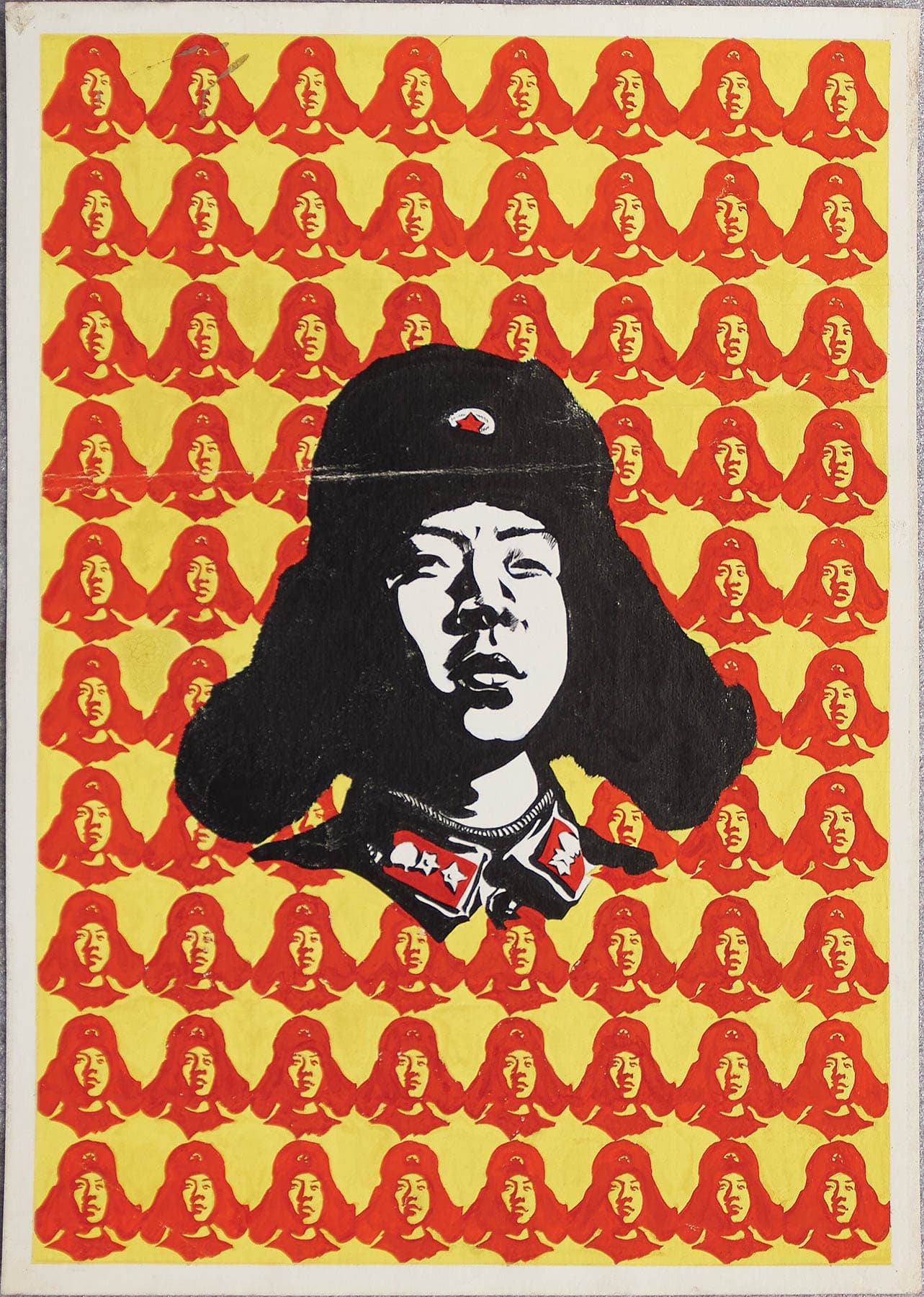 Pop art-style painting featuring repetitive red and yellow faces, with a larger central portrait of a person in a military hat.
