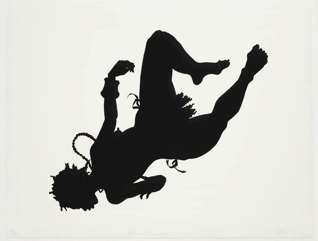 Silhouette of a person in mid-air against a plain white background.