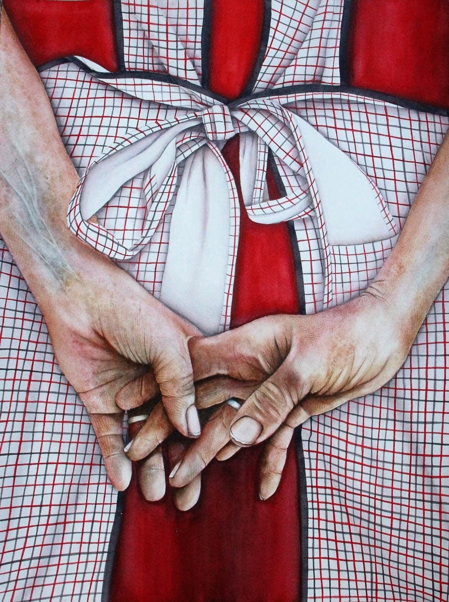 Detailed painting of a person's hands clasped behind their back, wearing a red and white checkered apron.