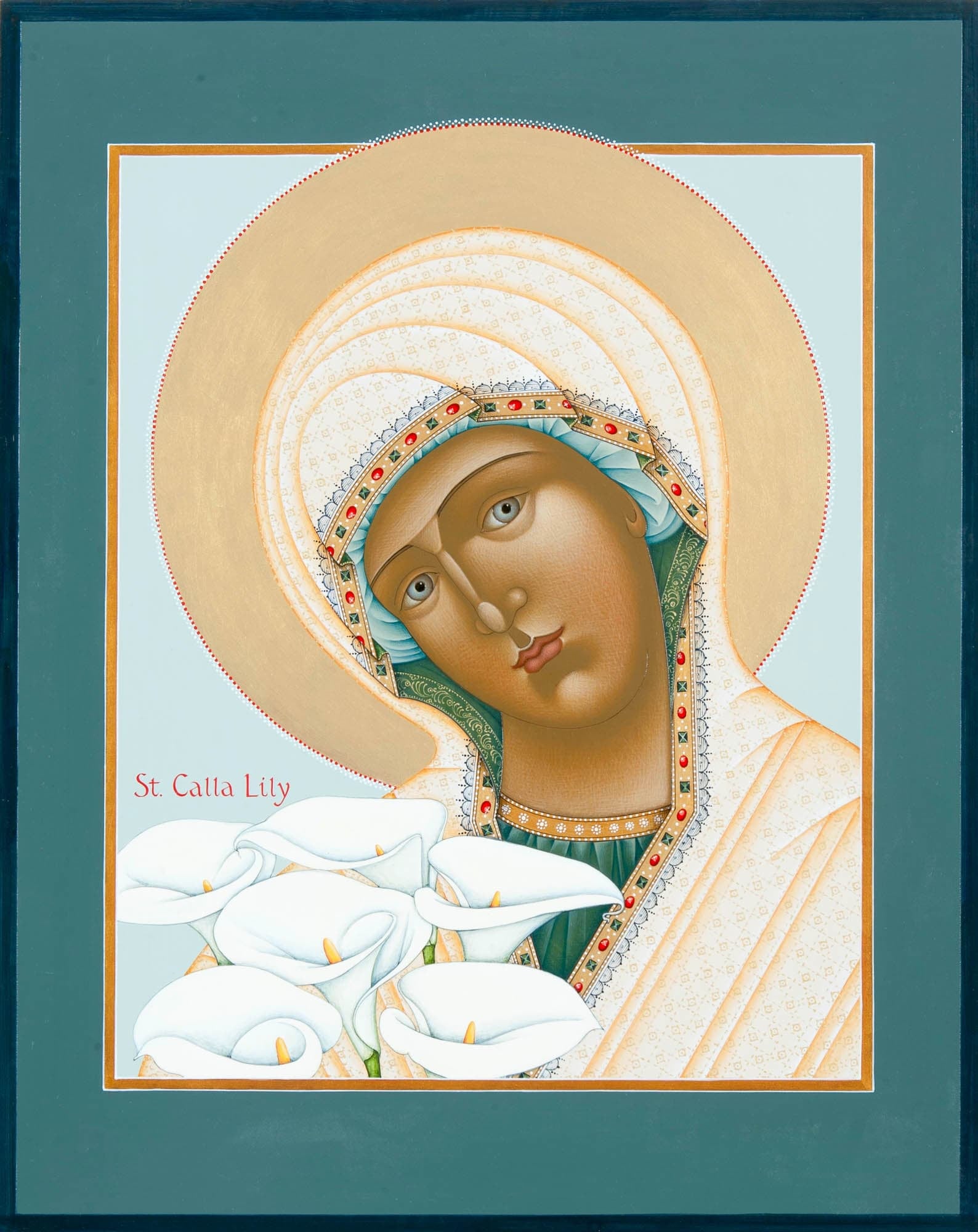 Icon-style painting of 'St. Calla Lily,' featuring a serene-faced figure in a white veil holding white calla lilies, with a golden halo.