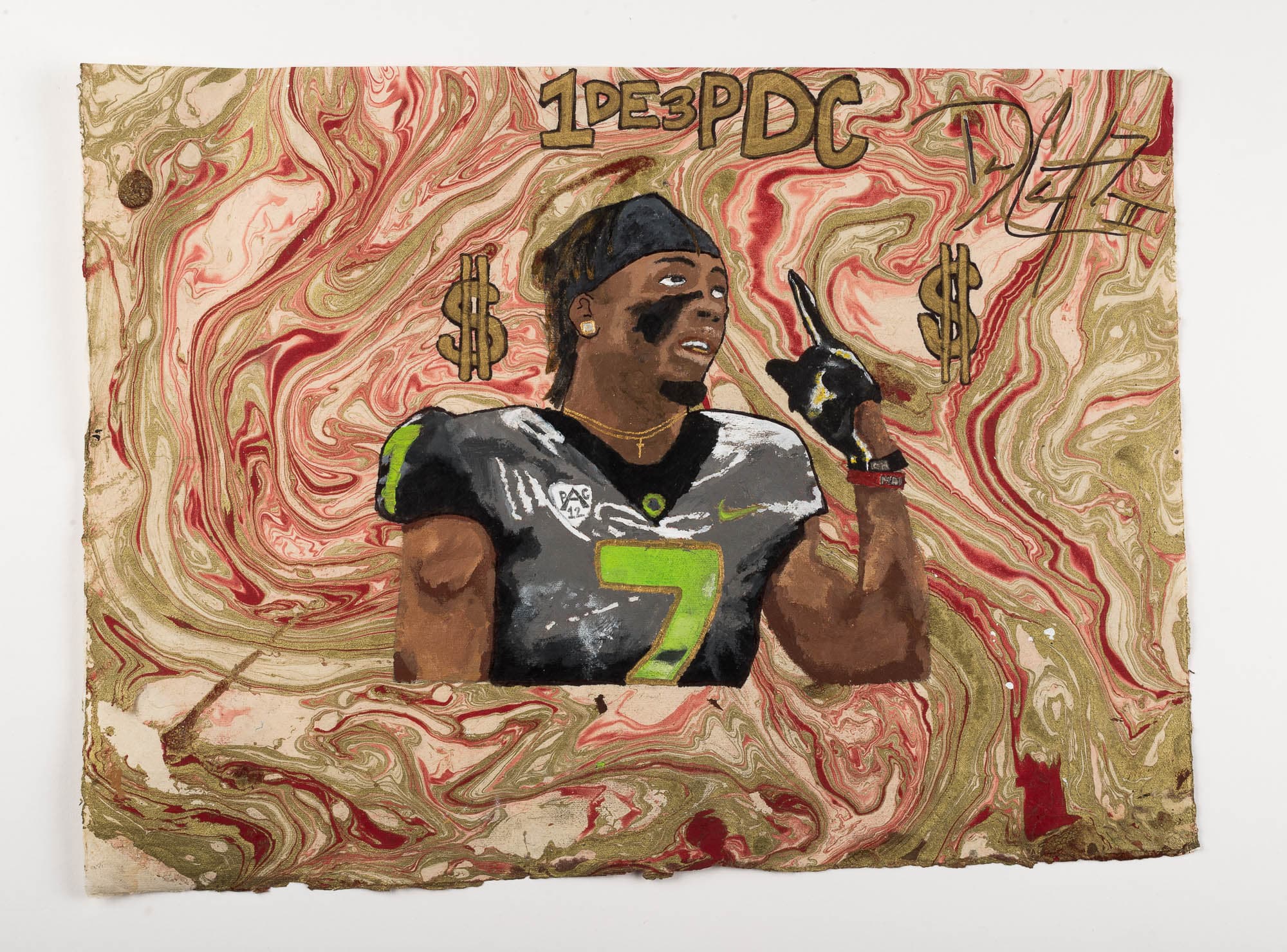 Painting of a football player wearing a black and green uniform, set against a marbled red and gold background with dollar signs and text.