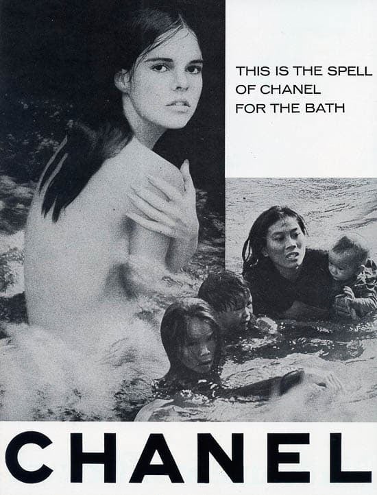 Black and white photograph of a Chanel advertisement featuring a woman in water, with the text 'THIS IS THE SPELL OF CHANEL FOR THE BATH.'