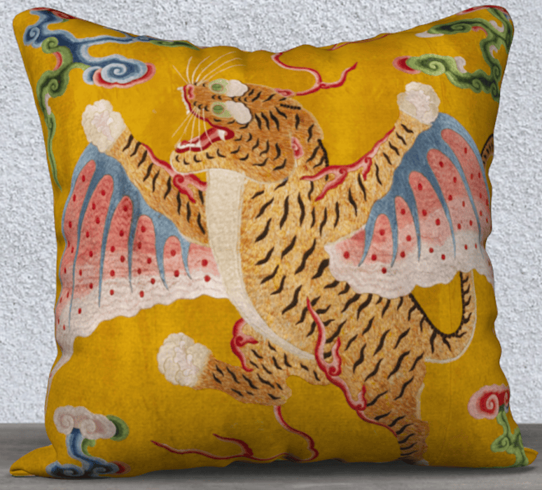 Chinese Flying Tiger Pillow, Yellow A tiger with wings flies up and across a pillow cover