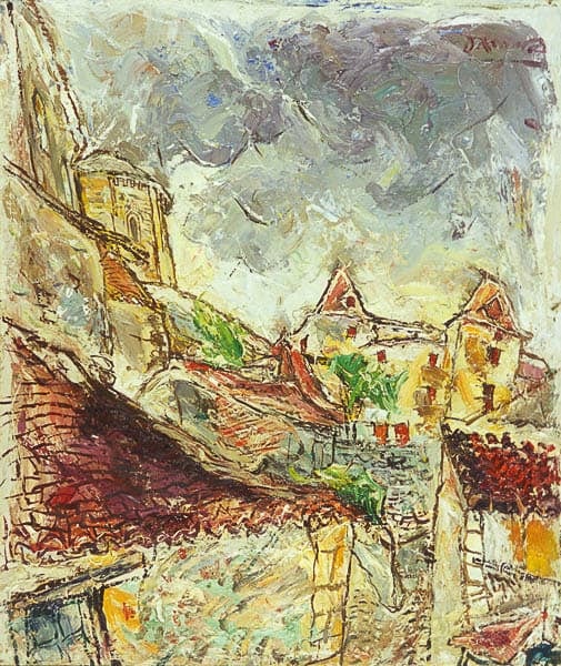 Expressionist painting of a village with a church and houses under a cloudy sky.
