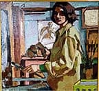A colorful painting of a woman holding a paintbrush, standing in a room filled with art supplies.
