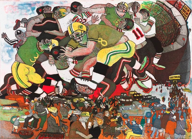 Colorful painting depicting a chaotic football game with players, referees, and a crowd.