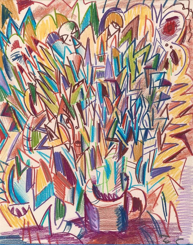 Abstract drawing with colorful, jagged lines and shapes, resembling a chaotic scene.