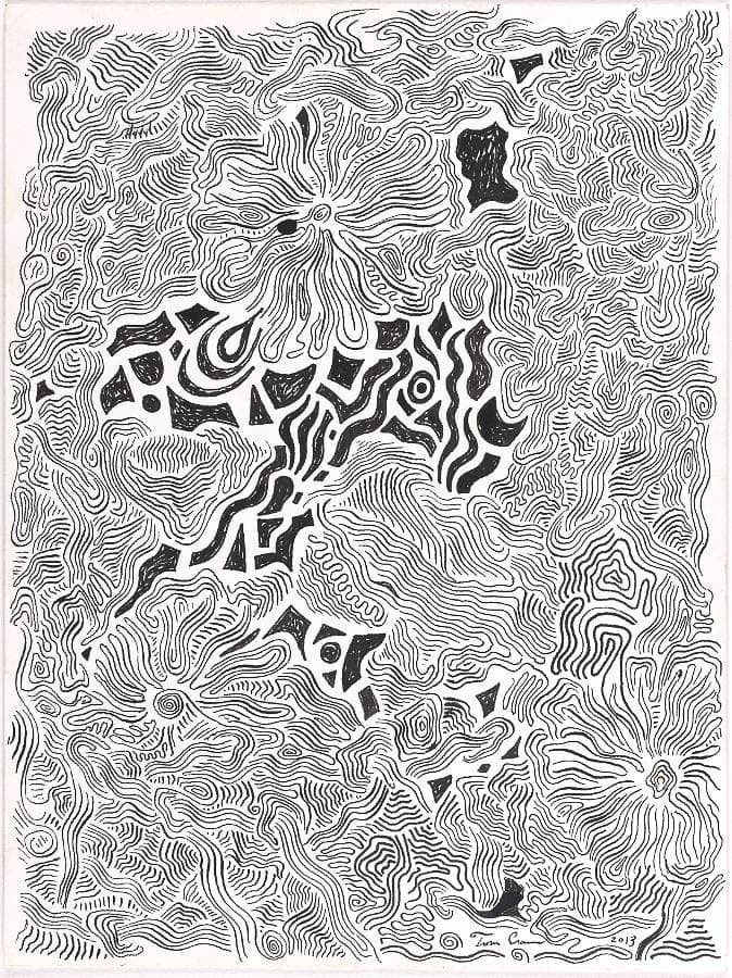 Black and white abstract drawing with intricate swirling patterns and shapes.