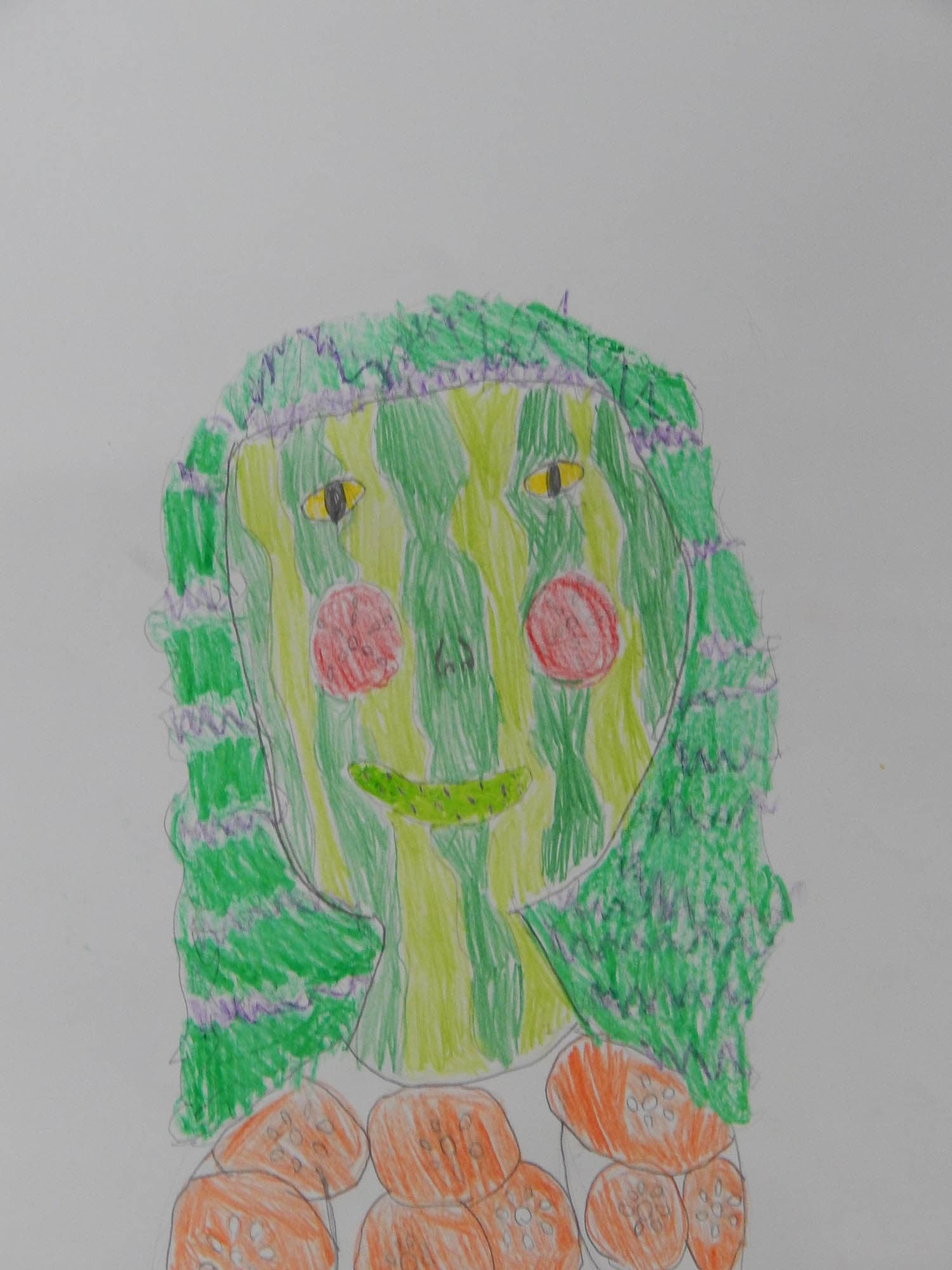 A child's drawing of a face with green and purple stripes, red cheeks, and orange buttons, giving a playful and imaginative look.