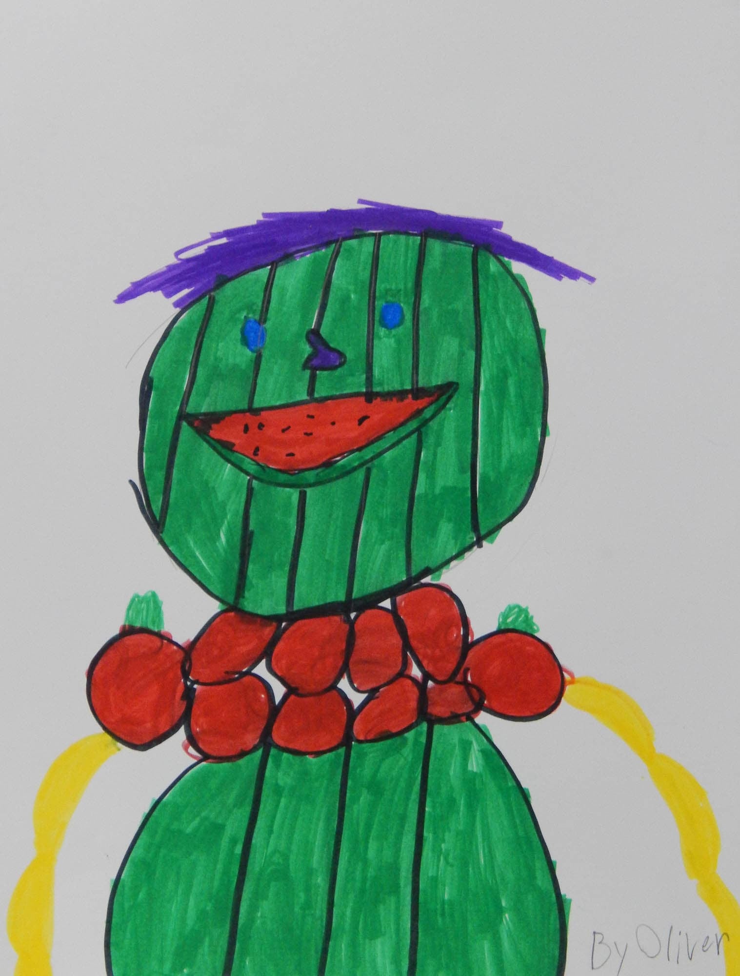 A child's drawing of a green figure with purple hair and red circles around its neck, smiling with a red mouth, created by Oliver.
