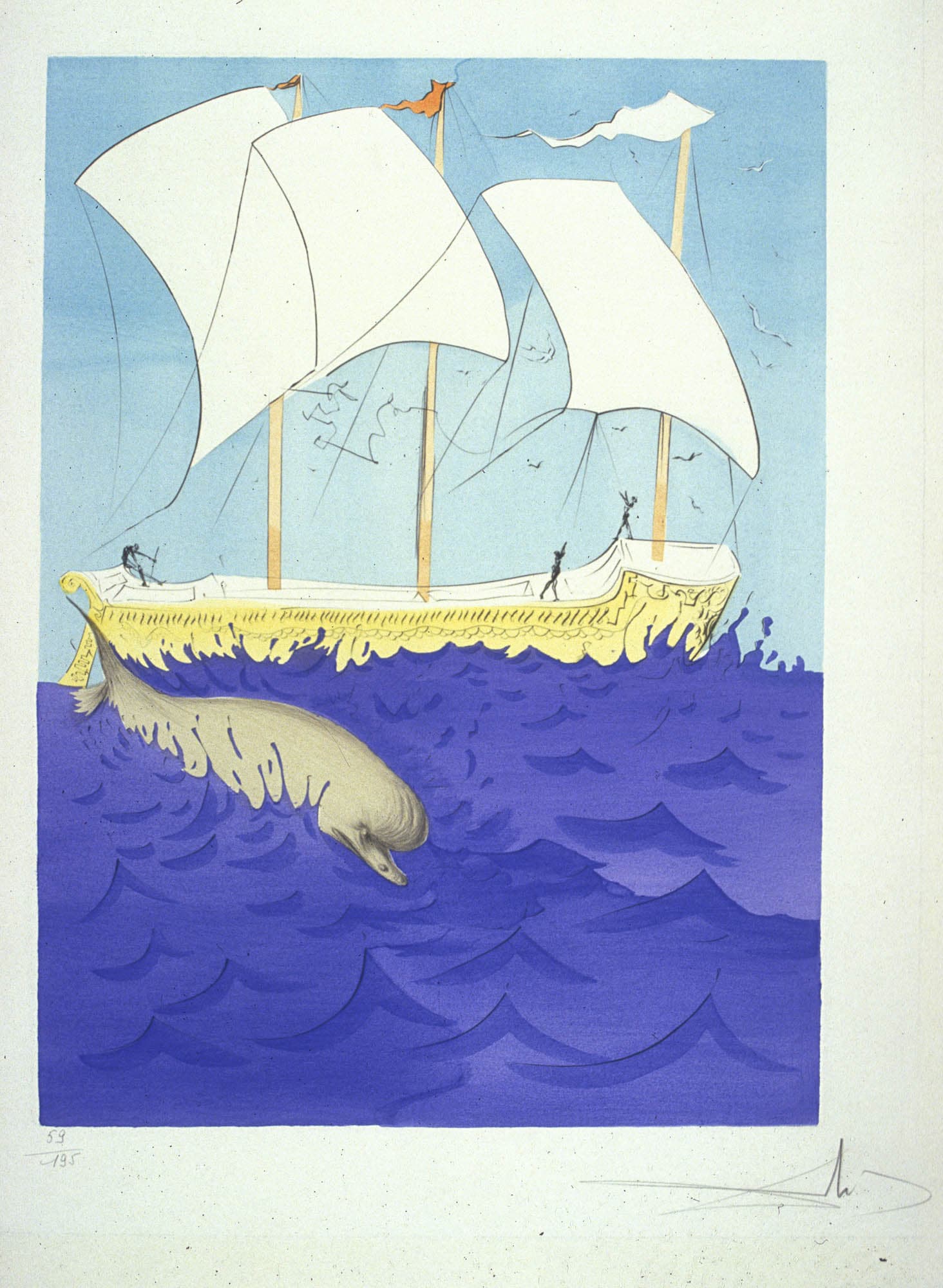 A whimsical illustration of a yellow ship with white sails sailing on a blue ocean with a large whale diving nearby.