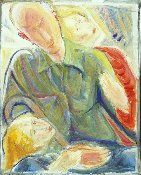 An abstract painting depicting a family in pastel colors with soft, blurred outlines, showing a sense of warmth and togetherness.