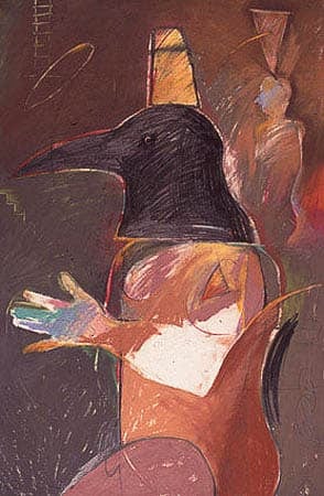 A mixed media artwork featuring a figure with a bird-like head and human body, depicted in vibrant, abstract colors.