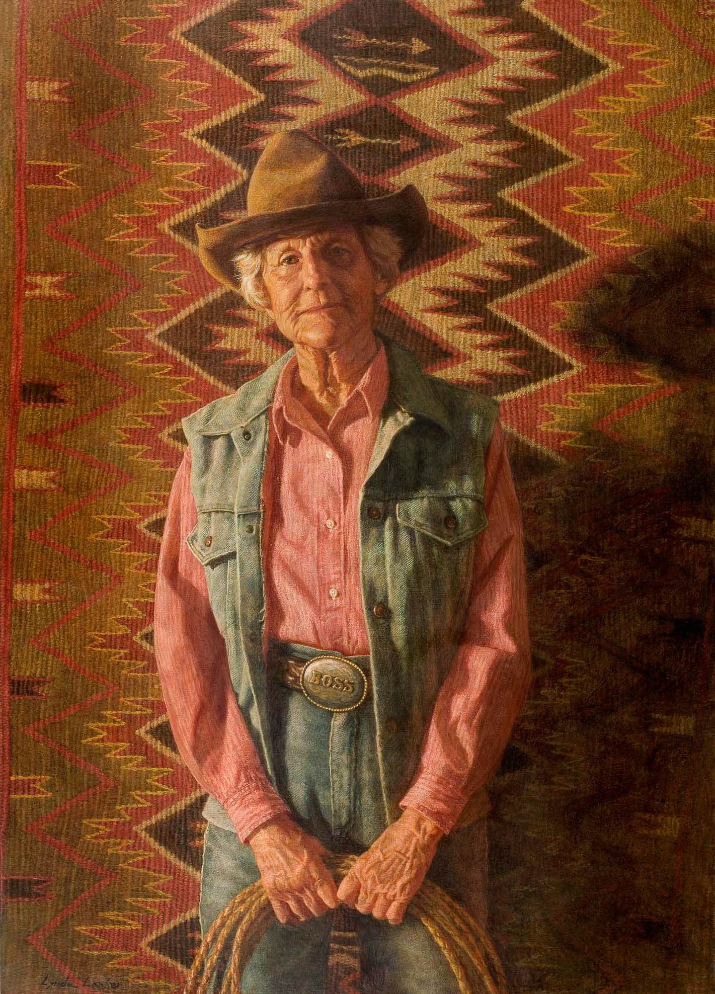 A realistic portrait of an elderly woman in cowboy attire, standing against a patterned rug background.