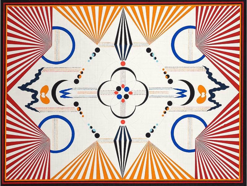 A colorful, symmetrical artwork with geometric shapes, including circles and triangles, in vibrant colors.