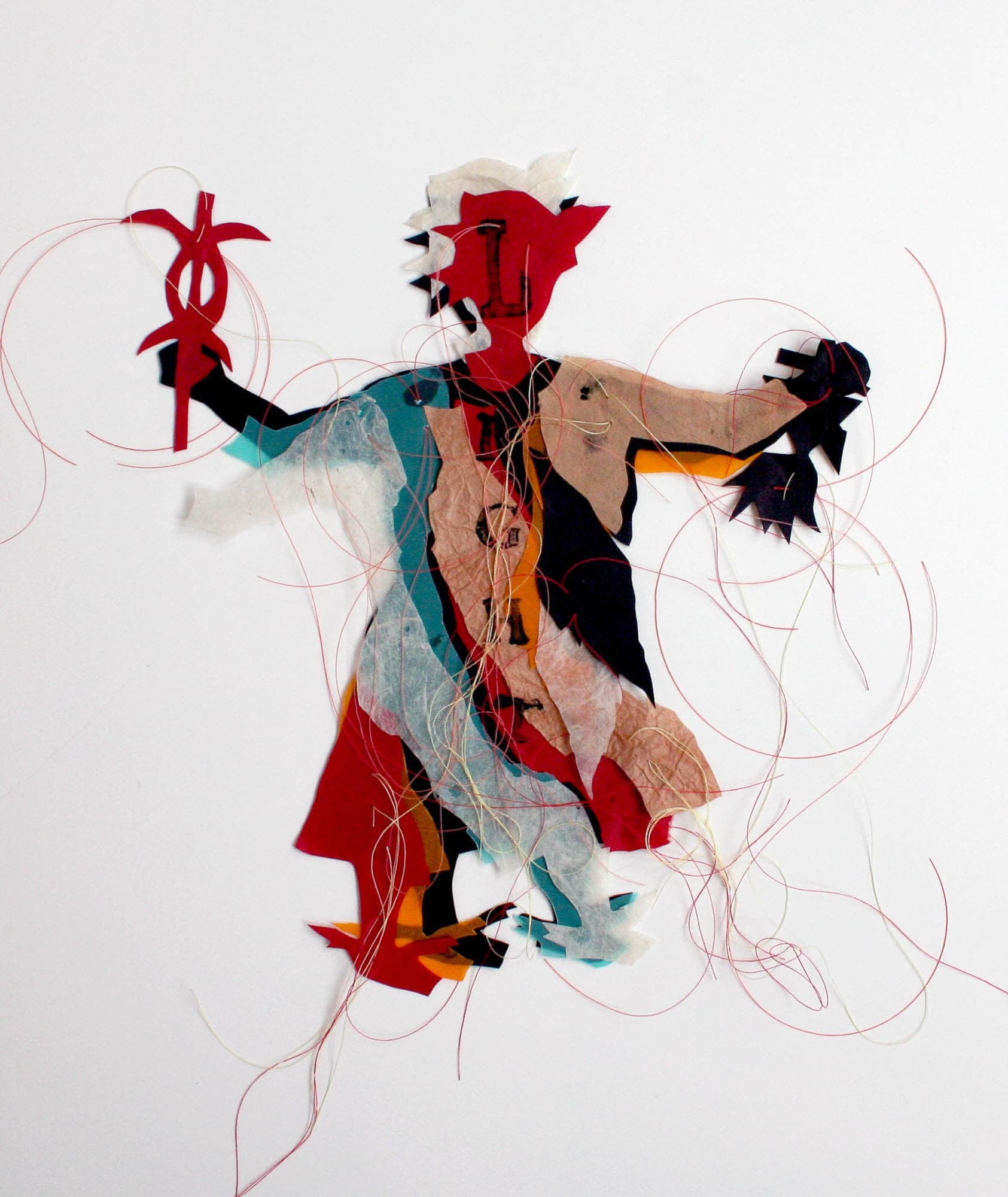 A mixed media artwork of a figure holding a staff, created with layered paper and thread in various colors.