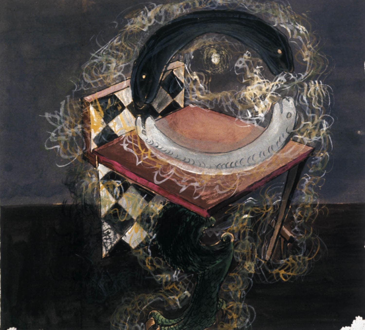 An abstract painting of a table with a checkered tablecloth, surrounded by swirling, smoky shapes and two fish-like figures.
