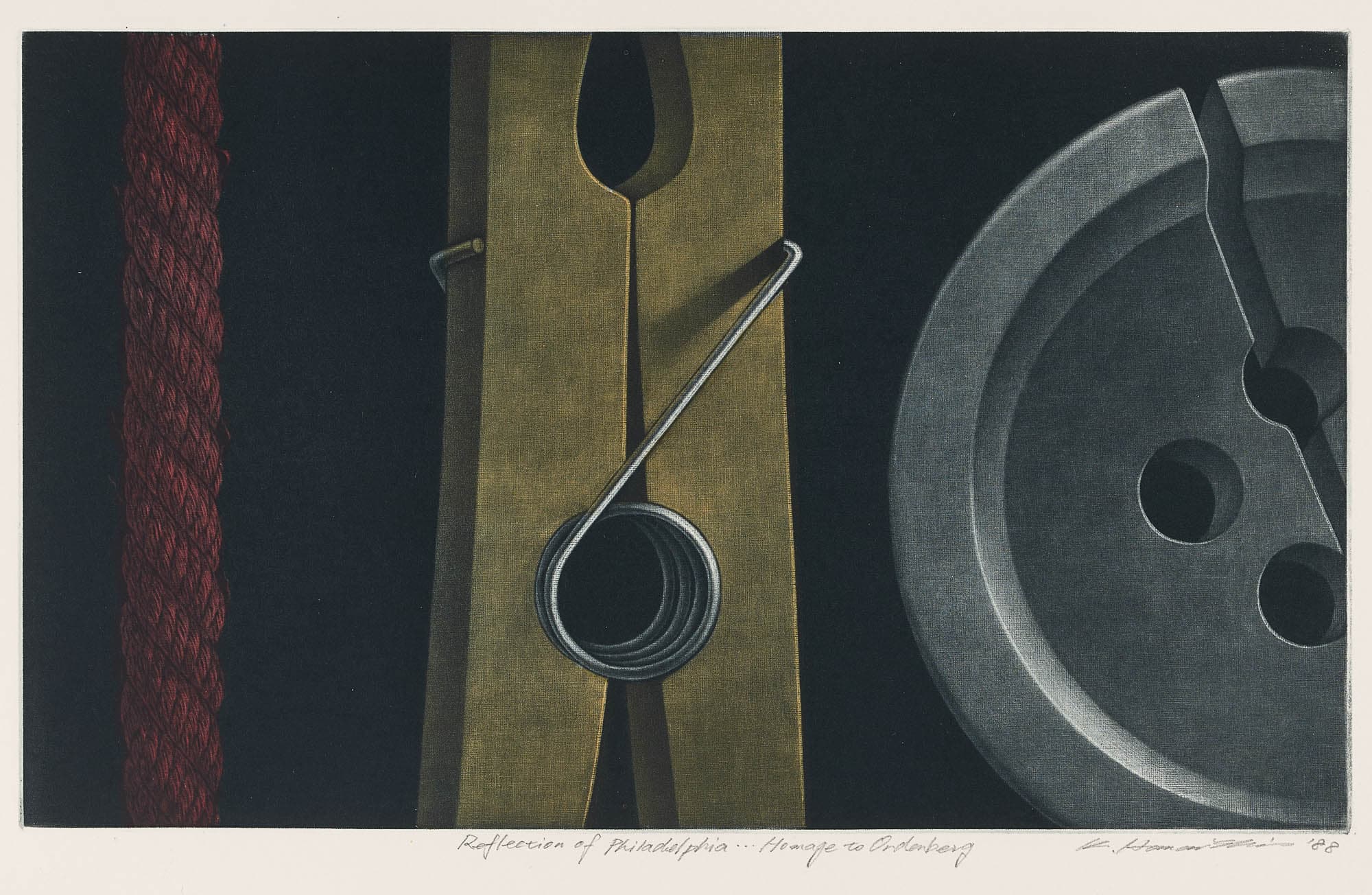 A detailed still life of a large clothespin, a red rope, and a metal button against a dark background.