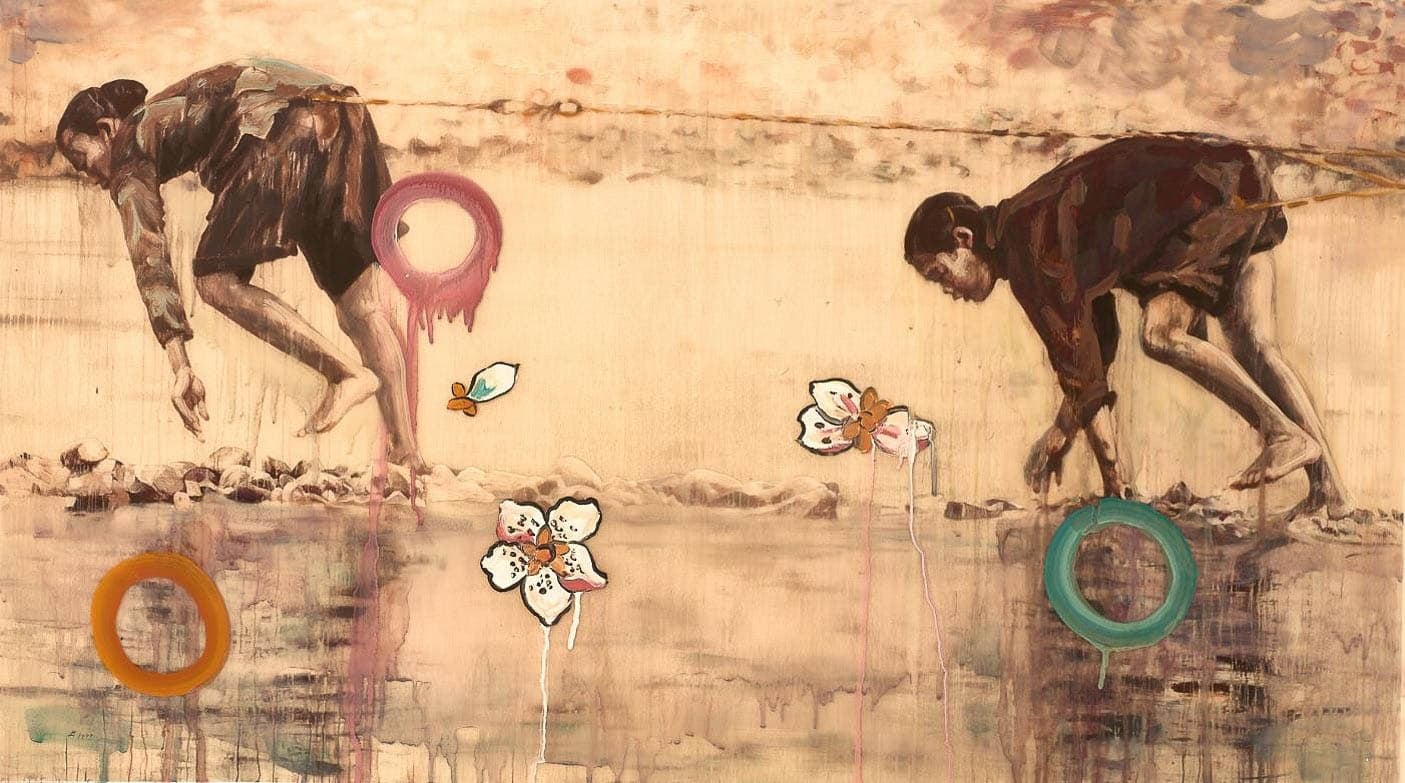 A painting of two people bending down near a body of water, collecting something with their hands. The background is a mix of muted earthy tones with abstract circles and floral elements.