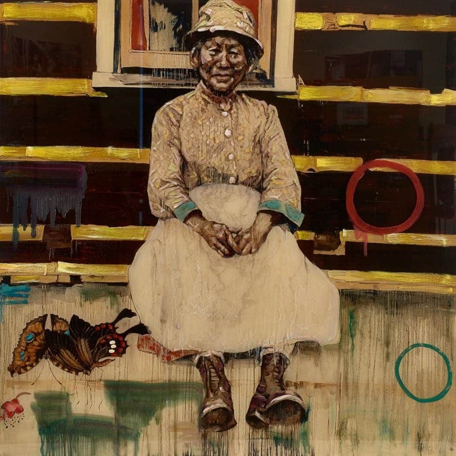 A painting of an elderly woman sitting on a porch. She is dressed in a patterned blouse and a white skirt, surrounded by vibrant abstract elements and a dripping paint effect.