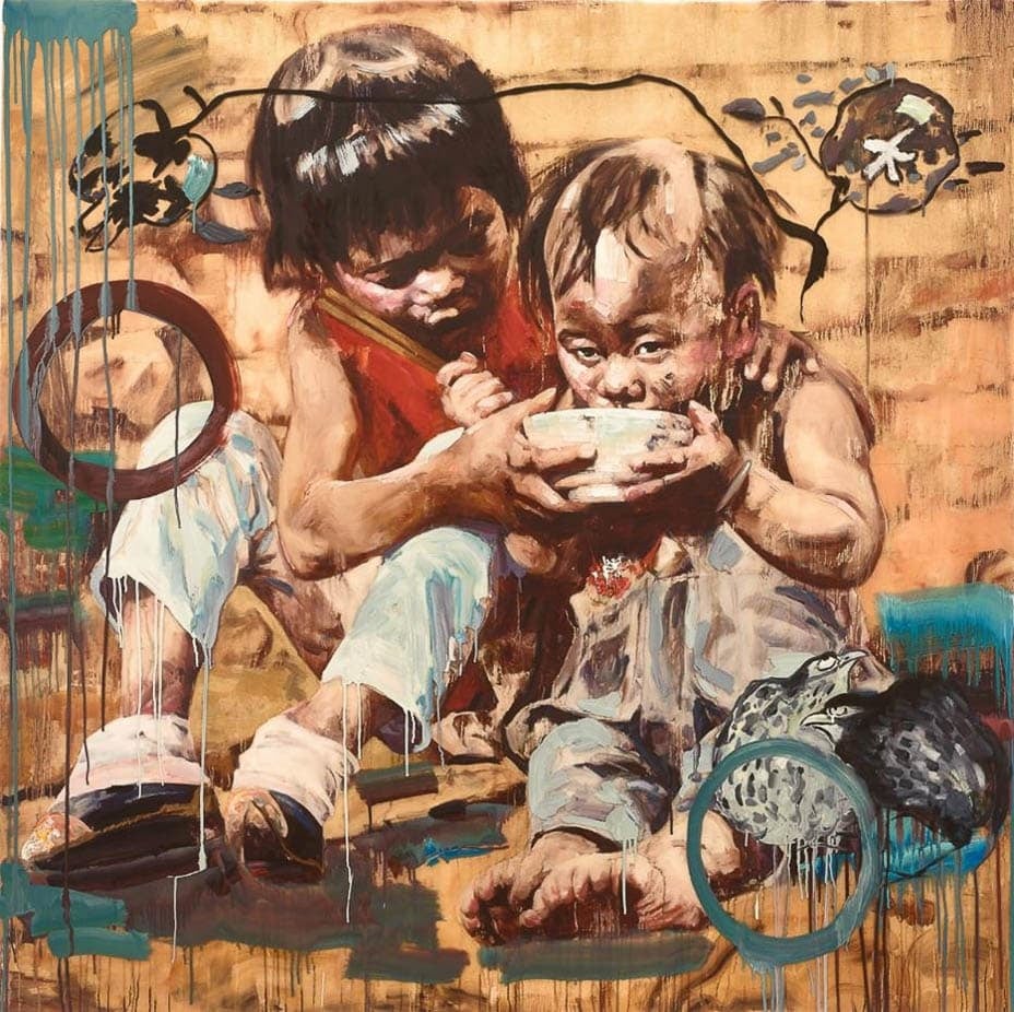 A painting of two children sitting on the ground, one feeding the other from a bowl. The background features earthy tones with abstract circular and floral elements, and a dripping paint effect.