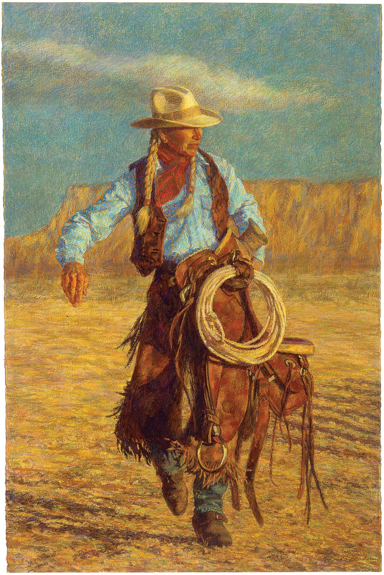 A painting depicting a female cowboy standing in a desert landscape. She wears a cowboy hat, blue shirt, leather vest, and chaps, holding a coiled rope with mountains in the background.