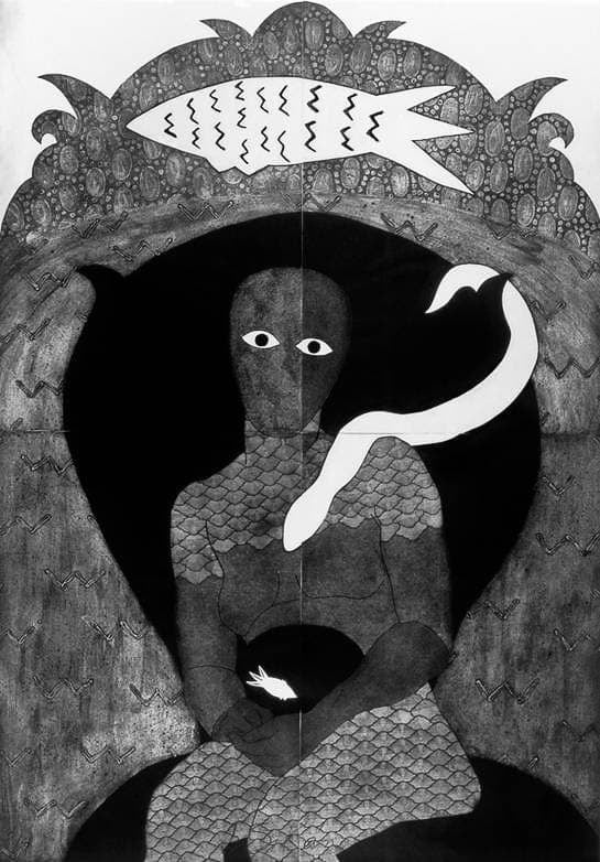 A black and white drawing of a figure with large eyes, scaled skin, and a snake-like creature wrapping around them. Above the figure is a fish, all set against a detailed patterned background.