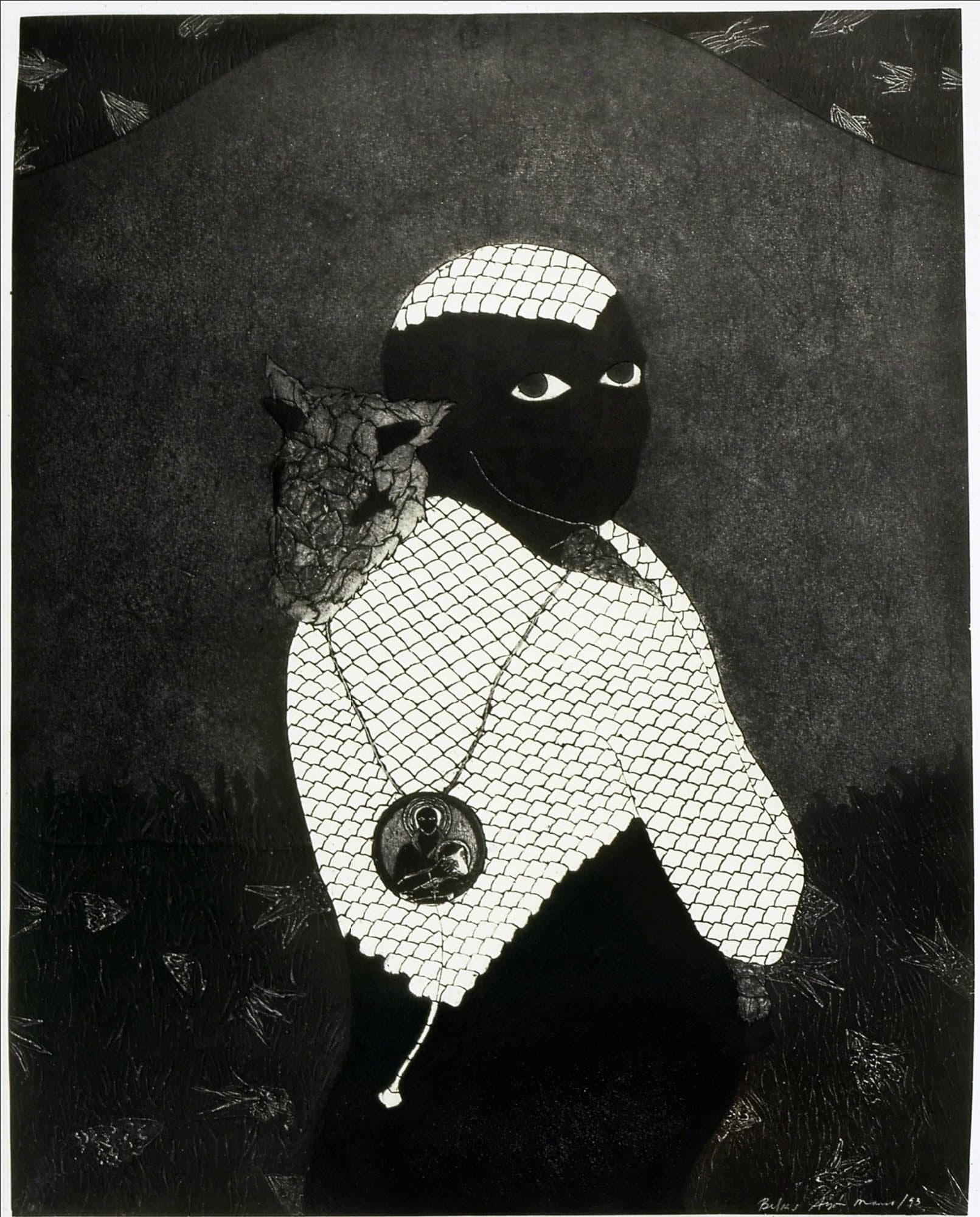 A black and white drawing of a figure with a fishnet-like head covering, holding a large mask resembling a beast's head on their shoulder. The background is dark and textured, with faint abstract shapes.