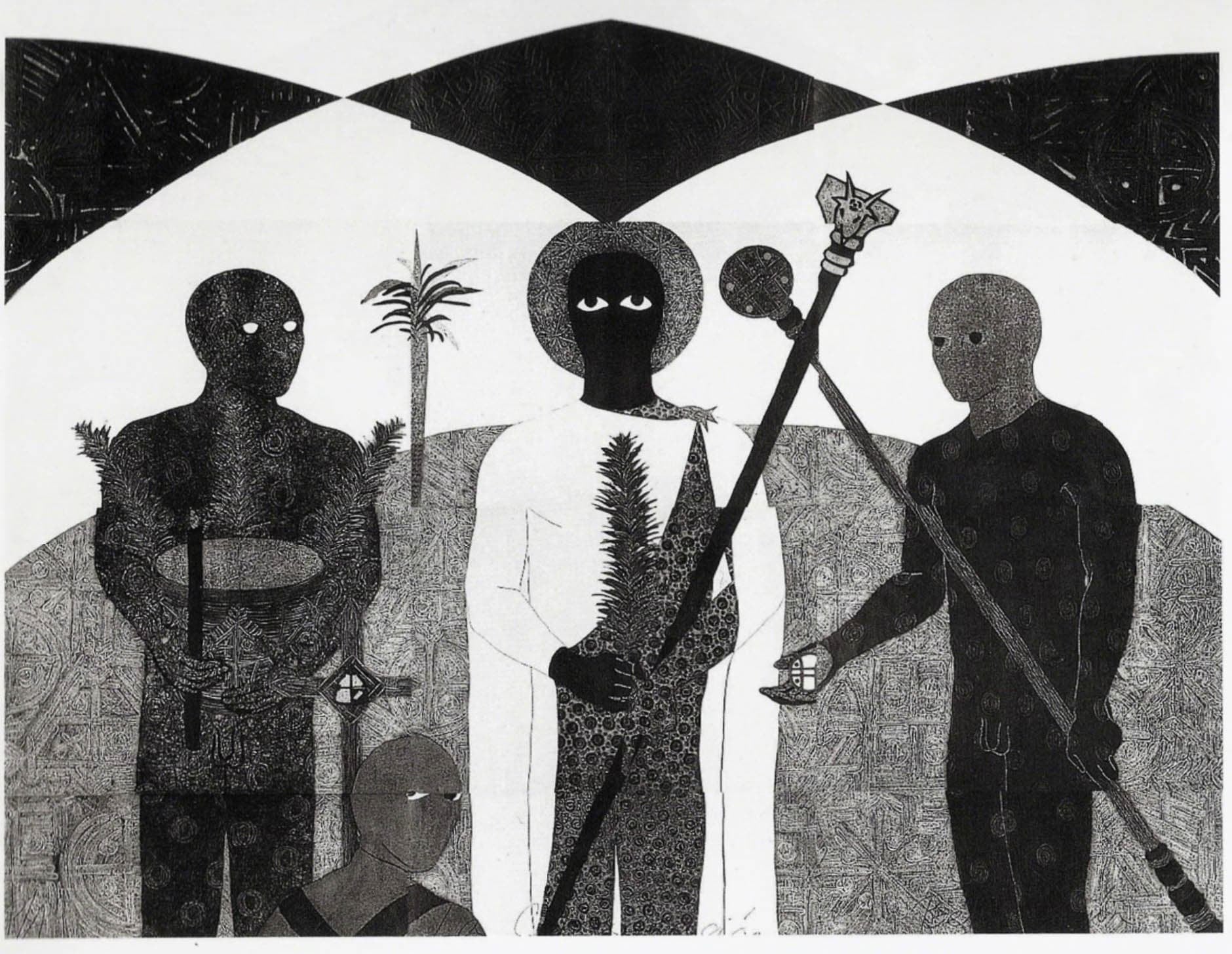 A black and white drawing of three figures standing in a semi-circular arrangement. The central figure wears a white garment and holds a palm branch, while the two other figures hold staffs. The background includes a palm tree and abstract patterns.